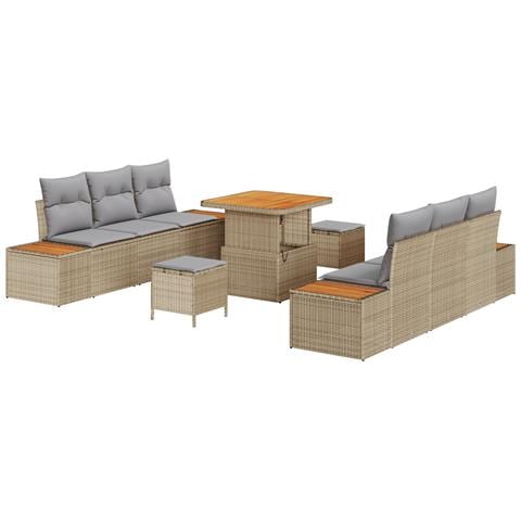 Set Divano da Giardino da 9 Pezzi con Cuscini Beige Rattan Poliestere Acacia, Set da Pranzo da Giardino da 3 Pezzi con Cuscini Beige Rattan Poliestere Acacia - Foto 1