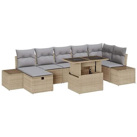Set Divano Giardino de 8 Pezzi con Cuscini Beige Rattan Polietilenico - Foto 1