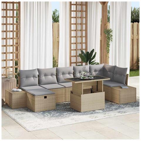 Set Divano Giardino de 8 Pezzi con Cuscini Beige Rattan Polietilenico - Foto 2