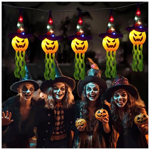Ghirlanda Led Decorazione Halloween 5 Zucche Con Cappelli Luminosi 3 M - Foto 2
