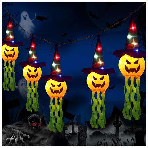 Ghirlanda Led Decorazione Halloween 5 Zucche Con Cappelli Luminosi 3 M - Foto 6