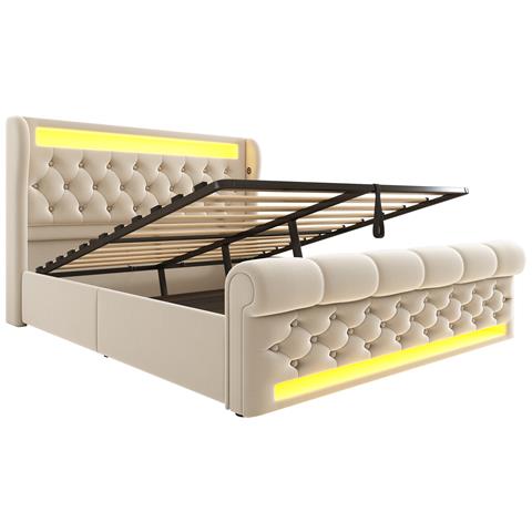 Letto In Velluto Beige Con Design A Bottoni, Led E Contenitore - Foto 2