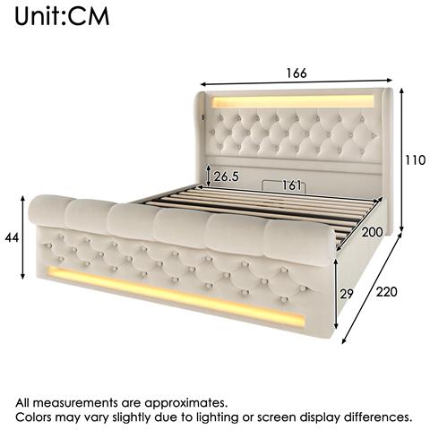 Letto In Velluto Beige Con Design A Bottoni, Led E Contenitore - Foto 3