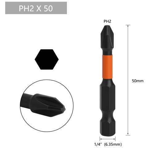 Set Da 10 Inserti Per Cacciavite Ph2x50 Arancioni - Acciaio Legato S2, Magnetici - Foto 2