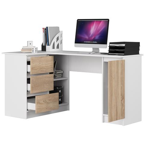 Scrivania ad angolo B20 sinistro, 1 anta e 3 cassetti, 155x85x77 cm, Colore Bianco e Sonoma Quercia - Foto 2