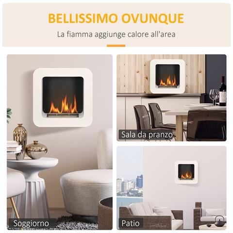 Camino Bioetanolo A Parete In Metallo Da 2.5h Di Combustione Con Serbatoio 1.5l E Copertura 20m², 48x18x48 Cm, Bianco - Foto 6