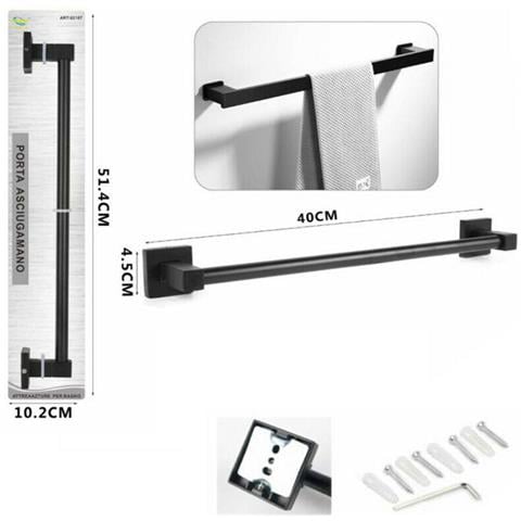 Porta Asciugamani Asta Supporto 40cm Bagno Da Muro Asciuga Mano Casa Nero 02107 - Foto 2