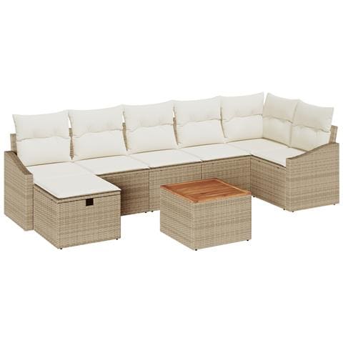 Set Divano da Giardino 8 Pezzi con Cuscini Beige Rattan Poliestere - Foto 1