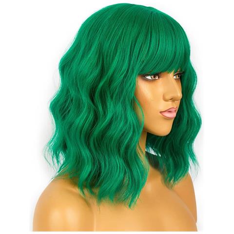 Parrucca Con Frangia Verde Sintetica Corta Ondulata - Foto 2
