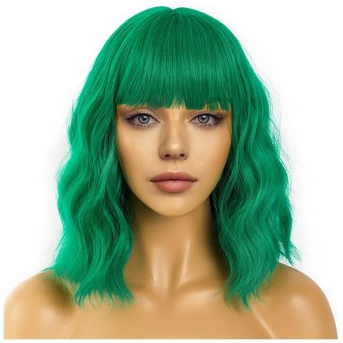 Parrucca Con Frangia Verde Sintetica Corta Ondulata - Foto 1