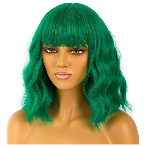 Parrucca Con Frangia Verde Sintetica Corta Ondulata - Foto 4