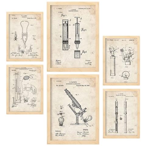Set Di 6 Stampe Poster Con Brevetti Medici Poster Con Immagini Di Brevetti Retrò Design D'interni In Stile Vintage A3 & A4 Telaio In Legno Chiaro - Foto 1