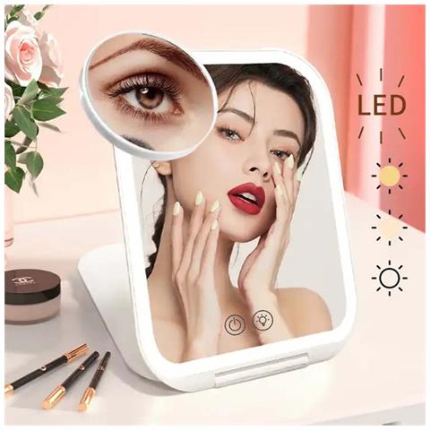 Specchio Led Per Trucco: Portatile, Pieghevole, Ricaricabile Con Controllo Touch E Luce Dimmerabile White - Foto 2