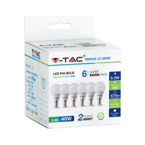 Kit Super Saver Pack V-tac Vt-2266 6pcs / pack Lampadine Mini Globo Led Smd P45 5,5w E14 Bianco Naturale 4000k - Sku 2734 - Foto 1