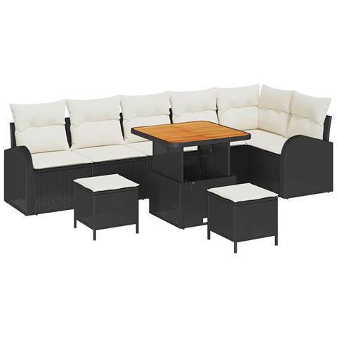 Set divani giardino 9 pezzi con cuscini Nero Polyrattan Acacia, Divano giardino per 2 persone con cuscini Nero Polyrattan, Set pranzo giardino 3 pezzi con cuscini Nero Polyrattan Acacia - Foto 1