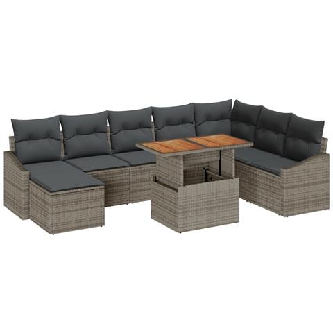 Set divano da giardino da 9 pezzi con cuscini grigio polyrattan - Foto 1