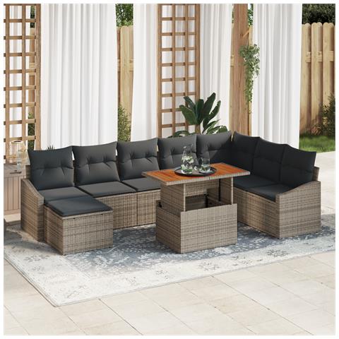 Set divano da giardino da 9 pezzi con cuscini grigio polyrattan - Foto 2