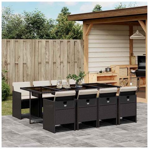 Set da Pranzo da Giardino 9 pz con Cuscini Nero in Polyrattan - Foto 2