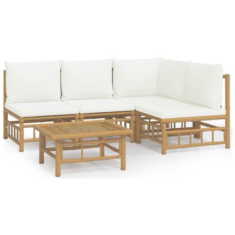 Set Salotto da Giardino 5pz con Cuscini Bianco Crema in Bambù - Foto 1