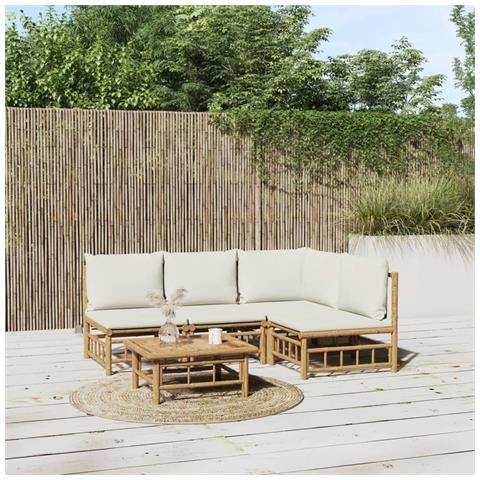 Set Salotto da Giardino 5pz con Cuscini Bianco Crema in Bambù - Foto 2
