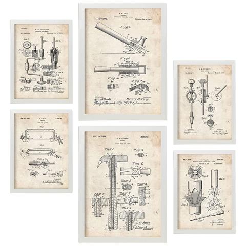 Set Di 6 Stampe Poster Con Strumenti Di Costruzione 2 Brevetti Poster Con Immagini Di Brevetti Retrò Design D'interni In Stile Vintage A3 & A4 Cornice Bianca - Foto 1