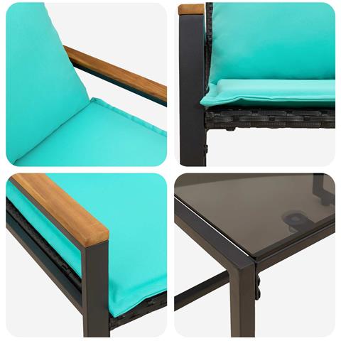 Set di Mobili con cuscino 3 pcs Nero e Turchese Rattan - Foto 9