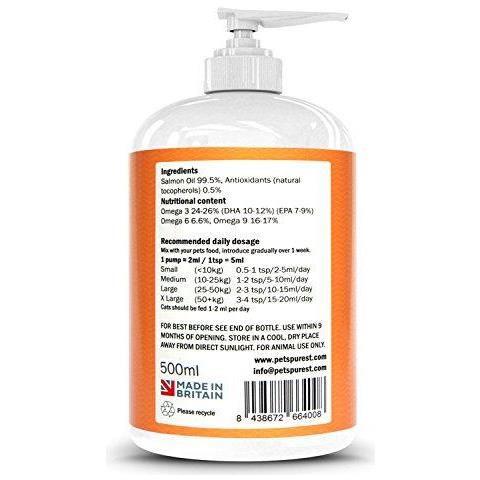 Salmon Animali Purest Scozzese Olio Per Cani Gatti Cavalli Furetti Animali - 100 Pure Premium Food Grade - Natural Omega 3 6 E 9 Appendice - Promuove Coat Pelle Congiunta E La Salute Del Cervello (500 Ml)  - Foto 2