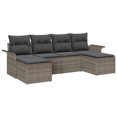 Set da giardino a 6 pezzi con cuscini grigio polyrattan, Divano da giardino a 2 posti con storage e cuscini grigio polyrattan - Foto 1