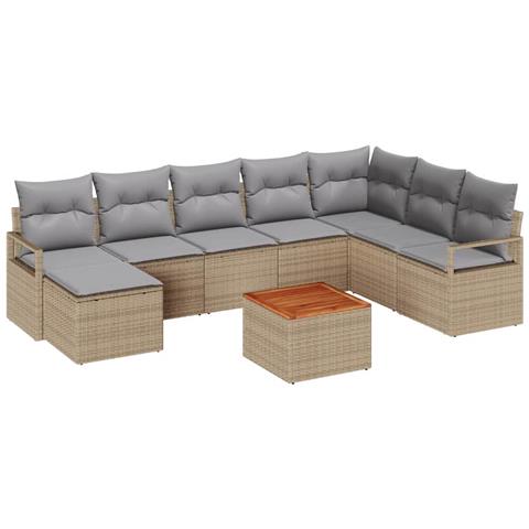 Set Divano da Giardino 9 Pezzi con Cuscini Beige Rattan Polietilene Acacia, Divano da Giardino 2 Posti con Cuscini Beige Rattan Polietilene - Foto 1