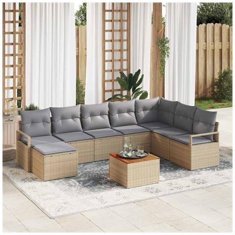 Set Divano da Giardino 9 Pezzi con Cuscini Beige Rattan Polietilene Acacia, Divano da Giardino 2 Posti con Cuscini Beige Rattan Polietilene - Foto 2