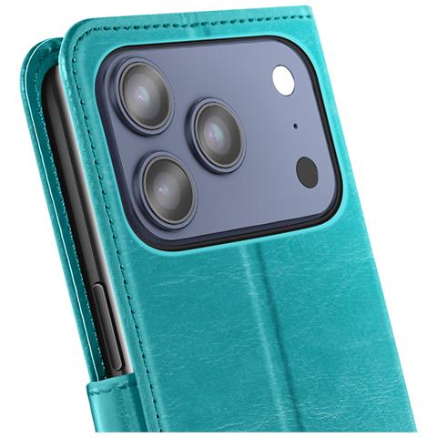 Custodia A Portafoglio Per Iphone 17 Pro Con Cinturino Da Polso E Funzione Stand, Blu Petrolio - Foto 5