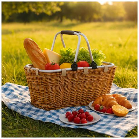 Cesto Cestino In Vimini Per La Spesa Con Manici In Metallo Cm 47,5 X 28,5 X H 25 - Foto 1