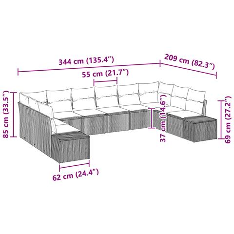 Set Divano da Giardino 10 pz 9-Numero di posti Marrone e Rosso - Foto 2