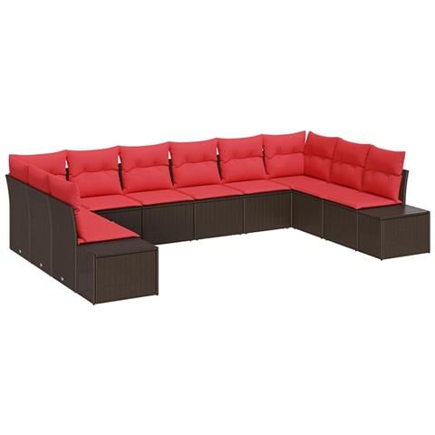 Set Divano da Giardino 10 pz 9-Numero di posti Marrone e Rosso - Foto 1