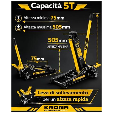 Cric Idraulico Professionale 5 Tonnellate Martinetto Auto a Profilo Basso 75-505 mm, Doppio Pistone Idraulico, Alzata Rapida a Pedale, Ruote in Metallo Girevoli - Foto 2