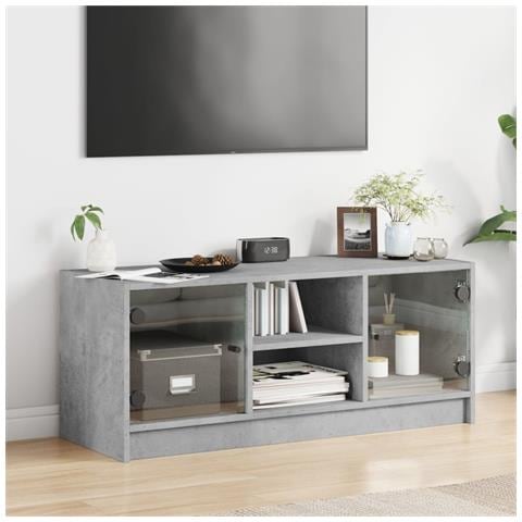 Mobile Porta Tv Con Ante In Vetro Grigio Cemento 102x37x42 Cm - Foto 3