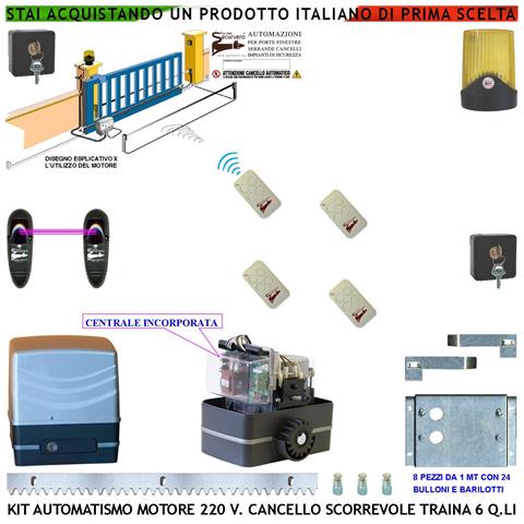 Kit Automatismo Cancello Scorrevole Da 8 Mt Motore 220 V Con Centrale Traina 6 Q.li 4 Radiocomandi Faro Antenna 2 Sele - Foto 1