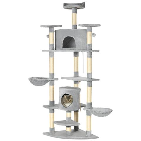 Albero Tiragraffi Per Gatti Alto Con Casette E Amache, 60x60x200cm, Grigio Chiaro - Foto 1