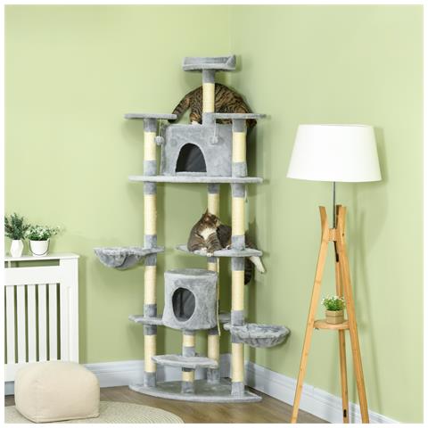 Albero Tiragraffi Per Gatti Alto Con Casette E Amache, 60x60x200cm, Grigio Chiaro - Foto 2