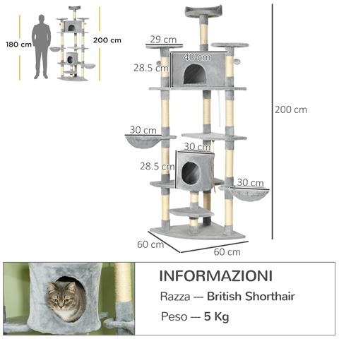 Albero Tiragraffi Per Gatti Alto Con Casette E Amache, 60x60x200cm, Grigio Chiaro - Foto 6