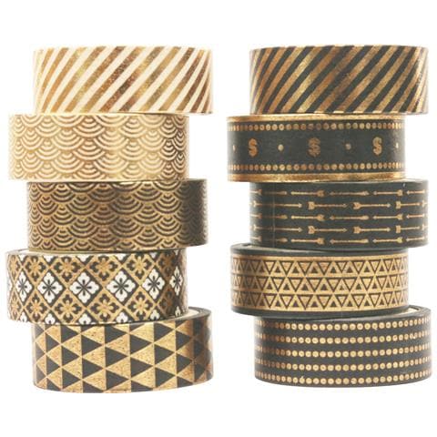 Set Di 10 Washi Tape Neri Con Lamina Oro, Nastro Adesivo Decorativo Gold - Foto 1