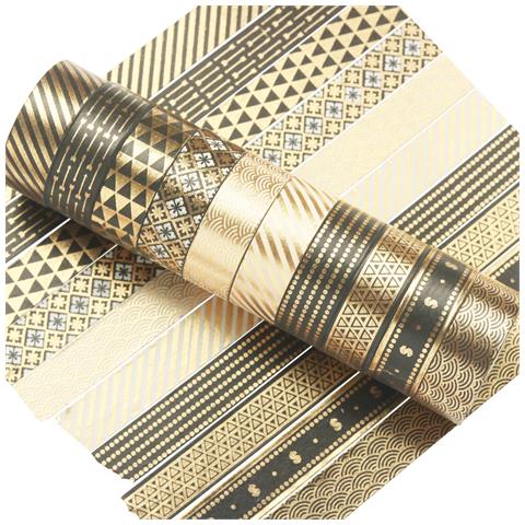 Set Di 10 Washi Tape Neri Con Lamina Oro, Nastro Adesivo Decorativo Gold - Foto 2