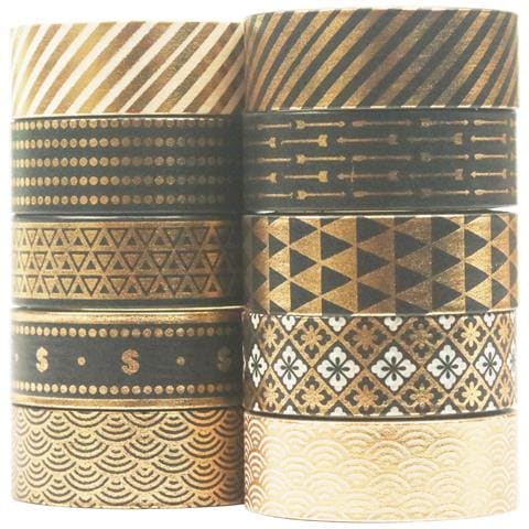 Set Di 10 Washi Tape Neri Con Lamina Oro, Nastro Adesivo Decorativo Gold - Foto 5