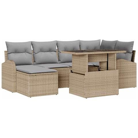 Set da Giardino  a 7 Pezzi con Cuscini Beige in Polyrattan, Divano da Giardino a 2 posti con Stoccaggio e Cuscini Beige in Polyrattan - Foto 1