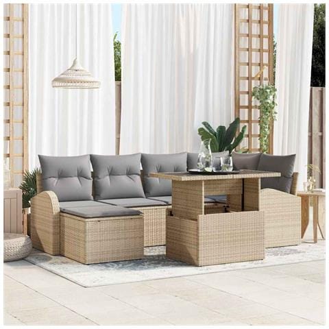 Set da Giardino  a 7 Pezzi con Cuscini Beige in Polyrattan, Divano da Giardino a 2 posti con Stoccaggio e Cuscini Beige in Polyrattan - Foto 2
