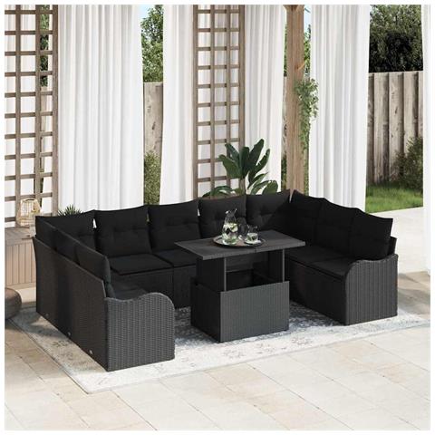 Set di divani da giardino  10 pezzi con cuscini Rattan nero, Divano da giardino  2 posti con spazio per riporre e cuscini Rattan nero - Foto 2