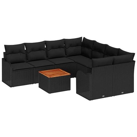 Set divani giardino 9 pezzi con cuscini polyrattan nero e acacia, Divano giardino 2 posti con ripostiglio e cuscini polyrattan nero - Foto 1