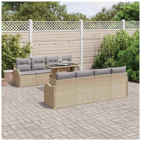 Set Divano da Giardino 9 Pezzi con Cuscini Beige Rattan Polietilene, Divano da Giardino 2 Posti con Cuscini Beige Rattan Polietilene - Foto 2