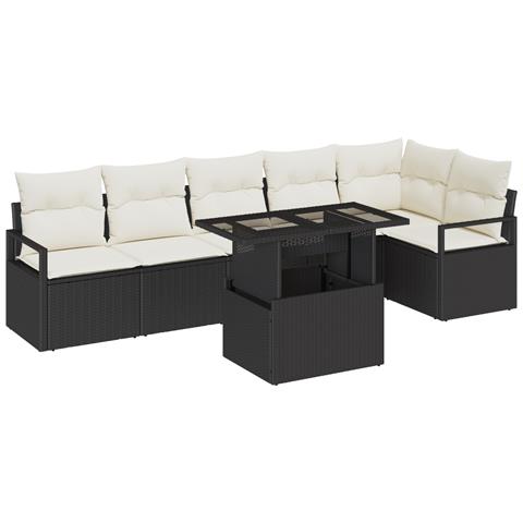 Set da giardino in 7 pezzi con cuscini neri in polyrattan, Divano da giardino per 2 persone con cuscini neri in polyrattan - Foto 1