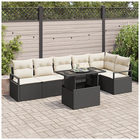 Set da giardino in 7 pezzi con cuscini neri in polyrattan, Divano da giardino per 2 persone con cuscini neri in polyrattan - Foto 2